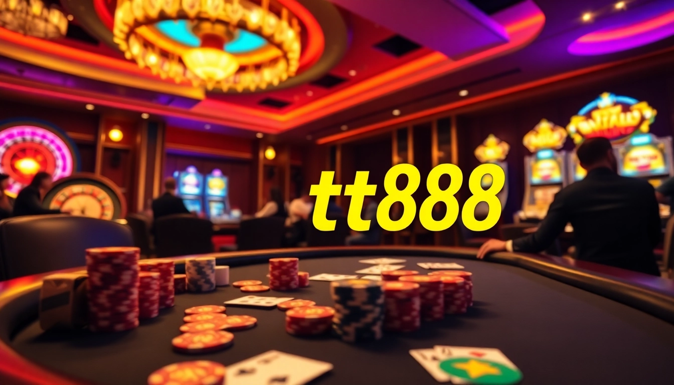 Experience the excitement of tt88 as players engage in high-stakes poker at a lavish casino table.
